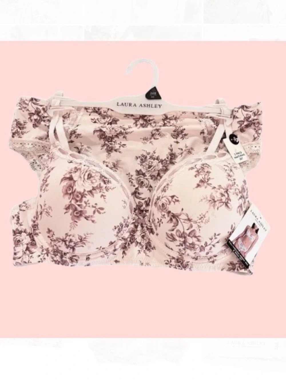 🆕-Laura Ashley- FLORAL PULL THROUGH RIBBON BRA & BIKINI SET. Size: Medium/36B
